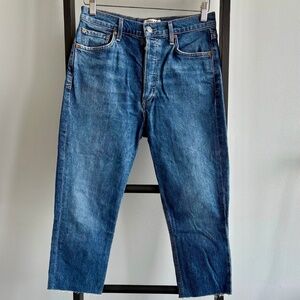 AGOLDE Mid-Tone Blue Capri Jeans – Raw Hem Button Fly, Size 28